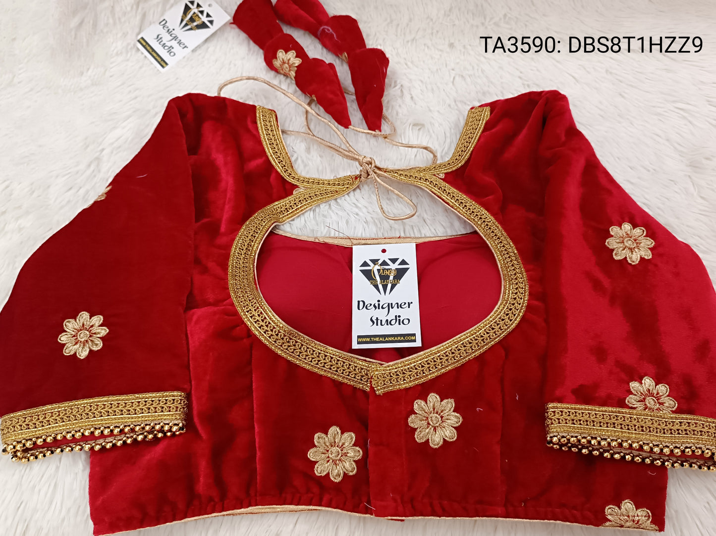 All Over Flower Motive Zari Worked Bridal Red Velvet Blouse