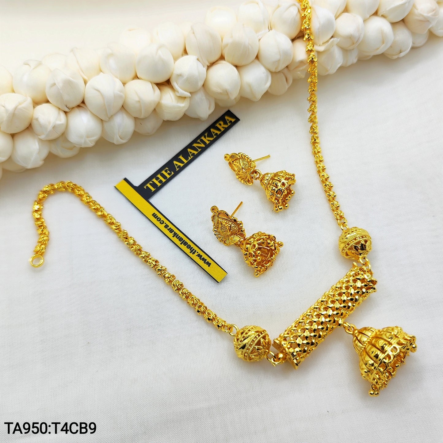 Pinjra Worked Gold Plated Necklace with Bokul Chain and Small Jhumka