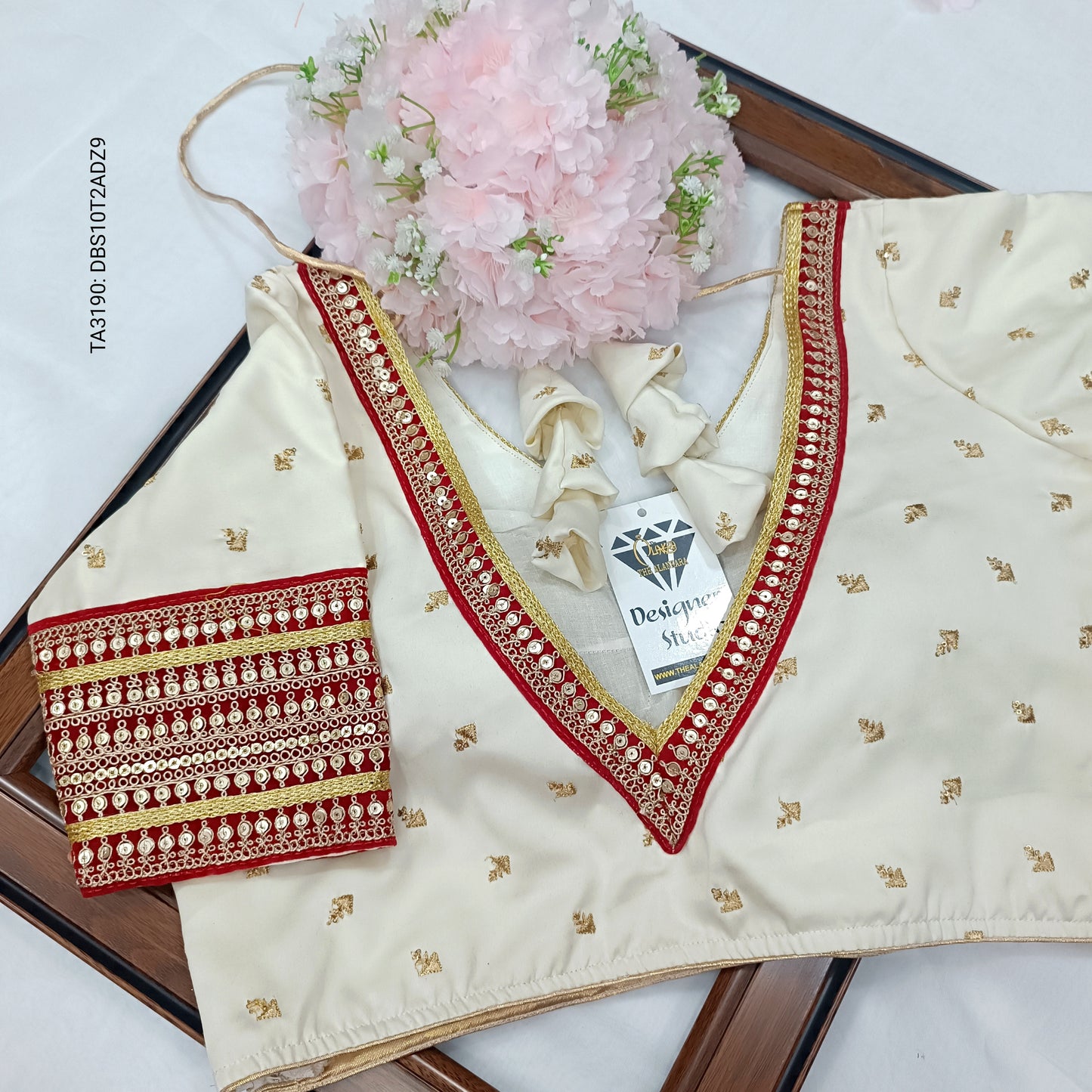 Ivory White & Red Contrast Soft Malai Silk Zari Work Designer Blouse
