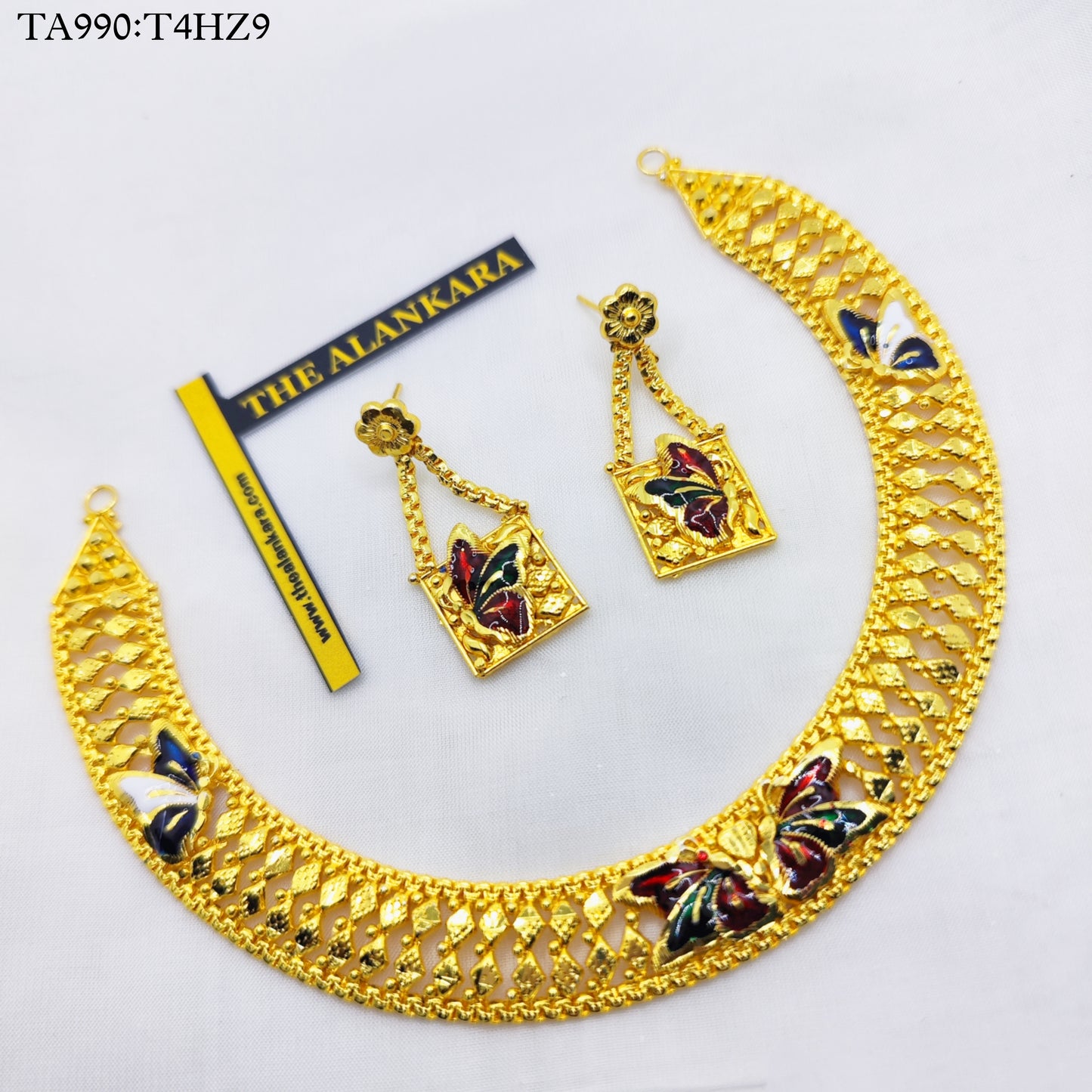 Small Butterfly Minakari Worked Gold Plated Necklace With Earrings