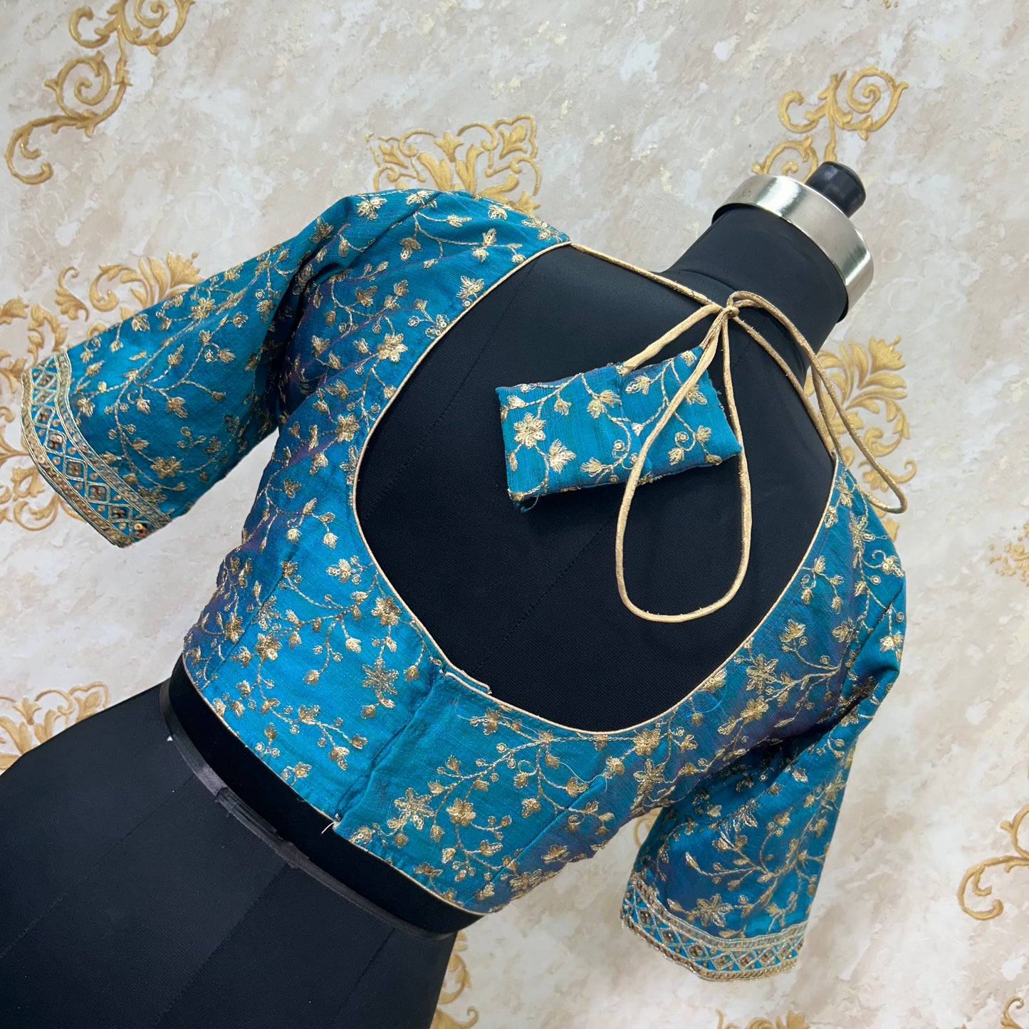 Cerulean Blue Dupiyan Silk Jaal Embroidery Designer Blouse