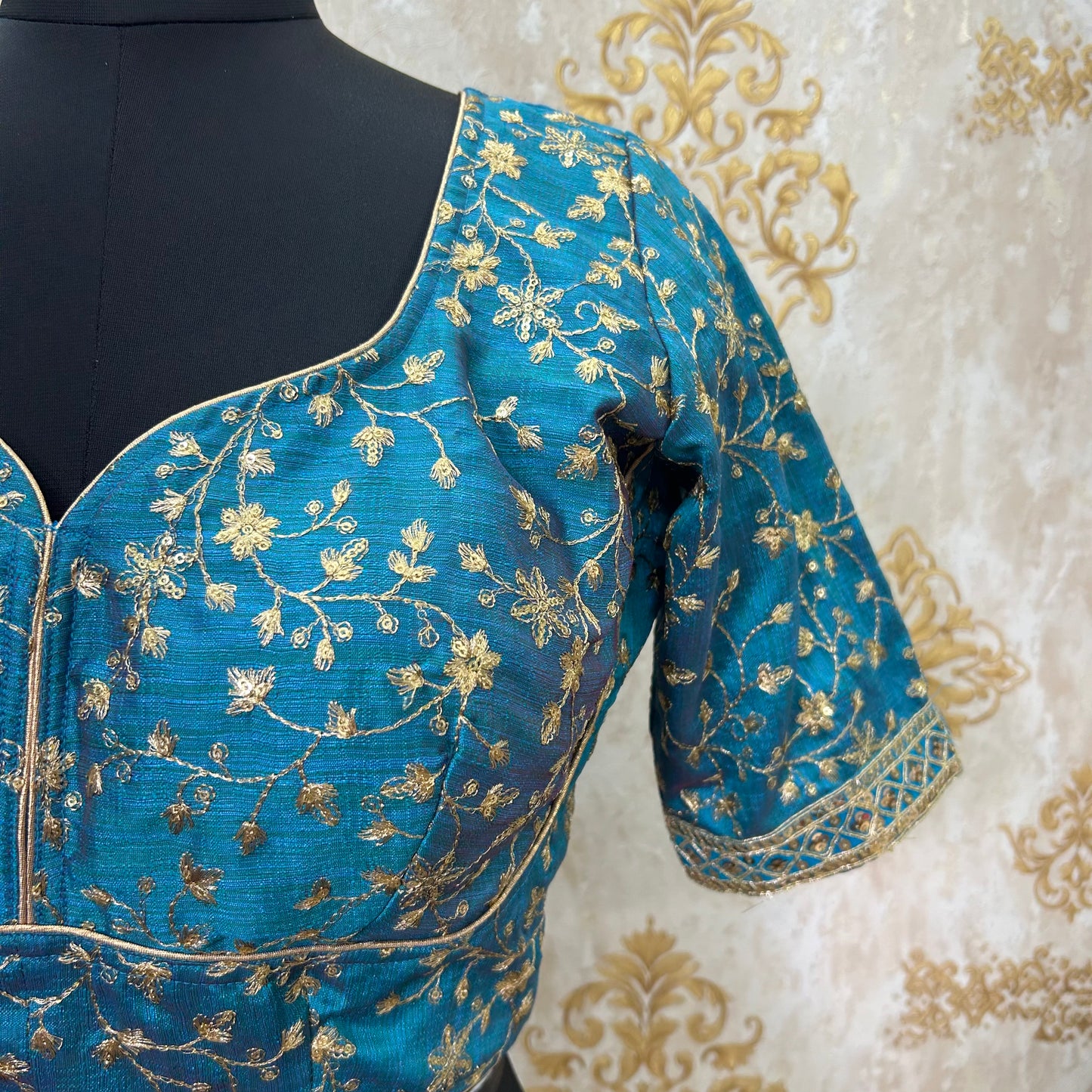 Cerulean Blue Dupiyan Silk Jaal Embroidery Designer Blouse