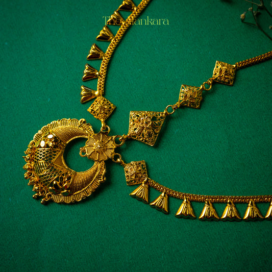 Gold plated Chandbali Tiara with Triangle Flower Chain Design - Mangtika