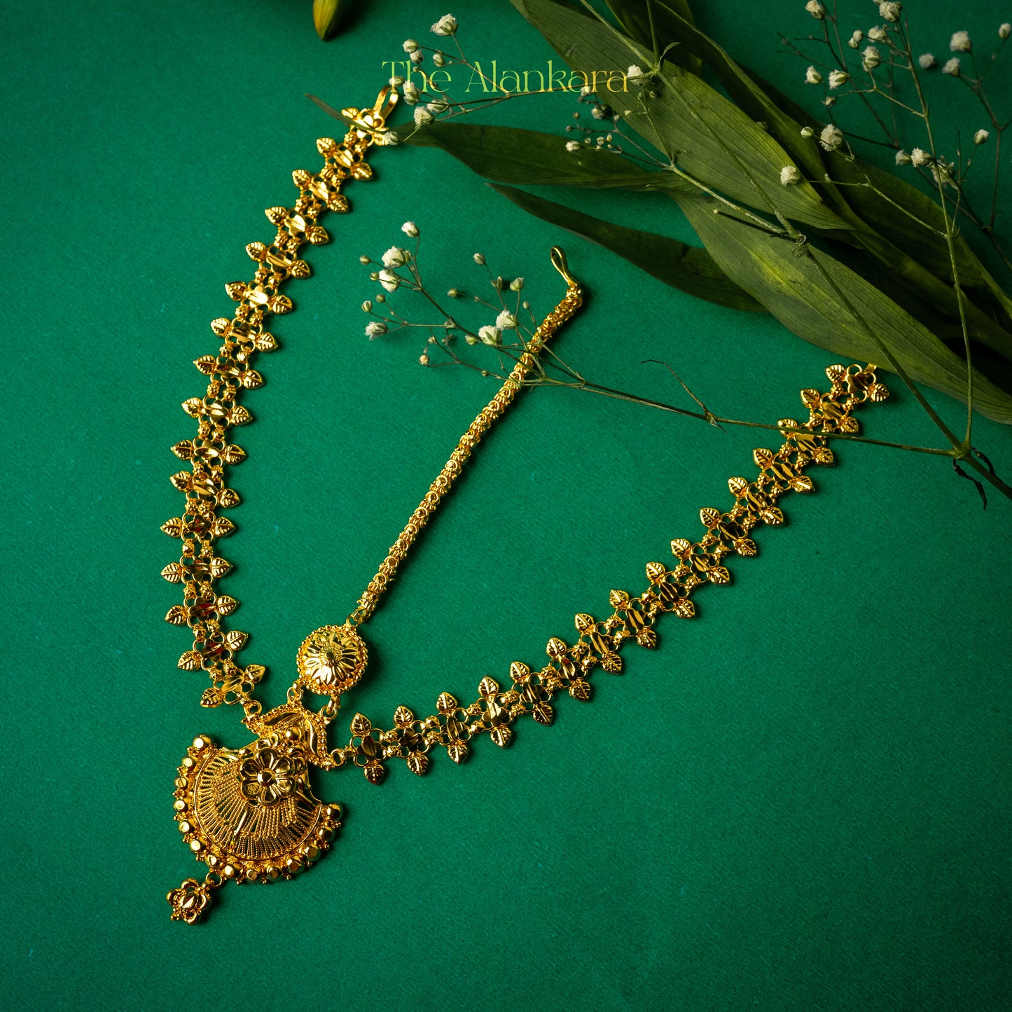 Traditional Gold Plated Heavy Bokul and Shikol Design Chain Tiara - Mangtika