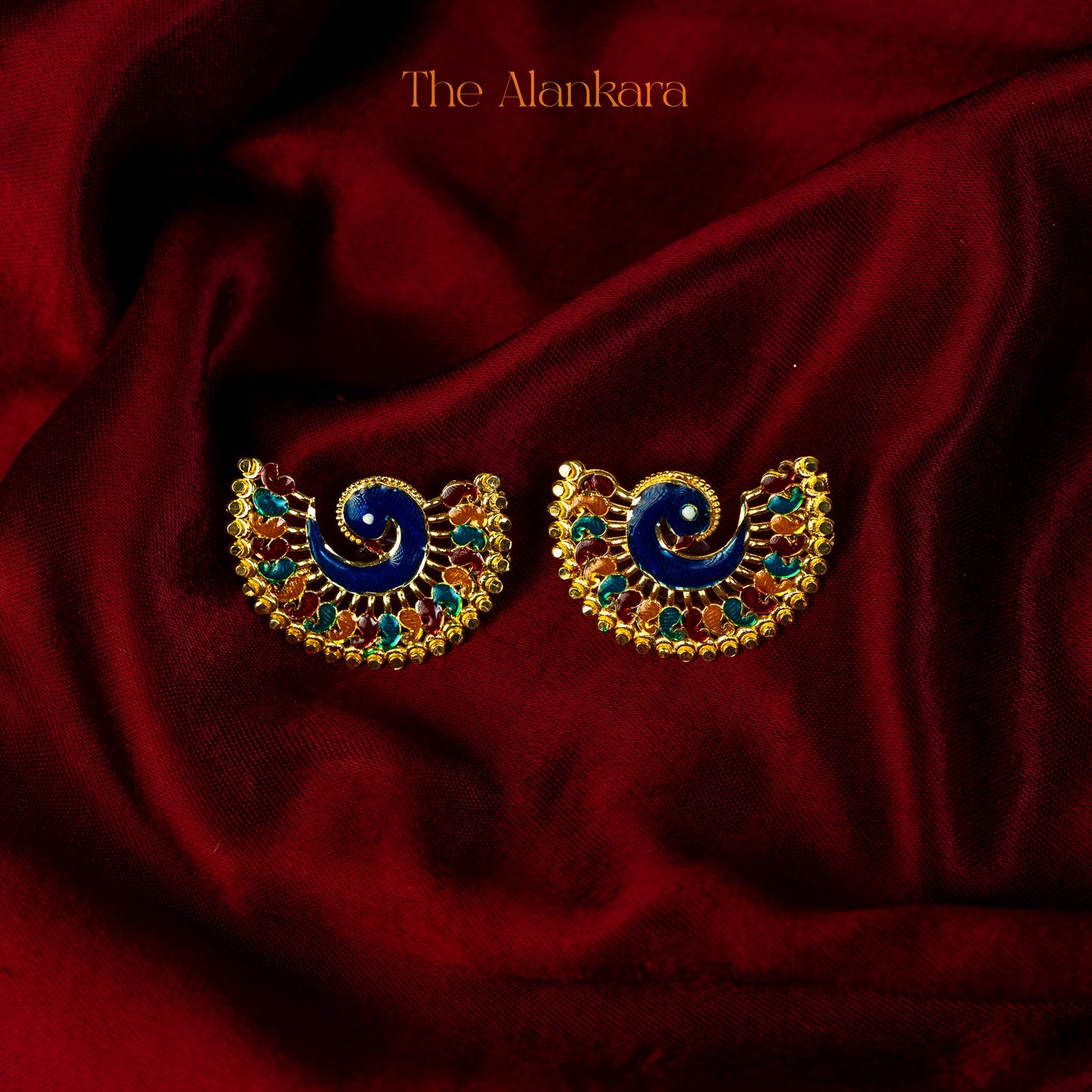 Gold Plated Meenakari Peacock Design Stud Earrings or Moyur Kanpasha