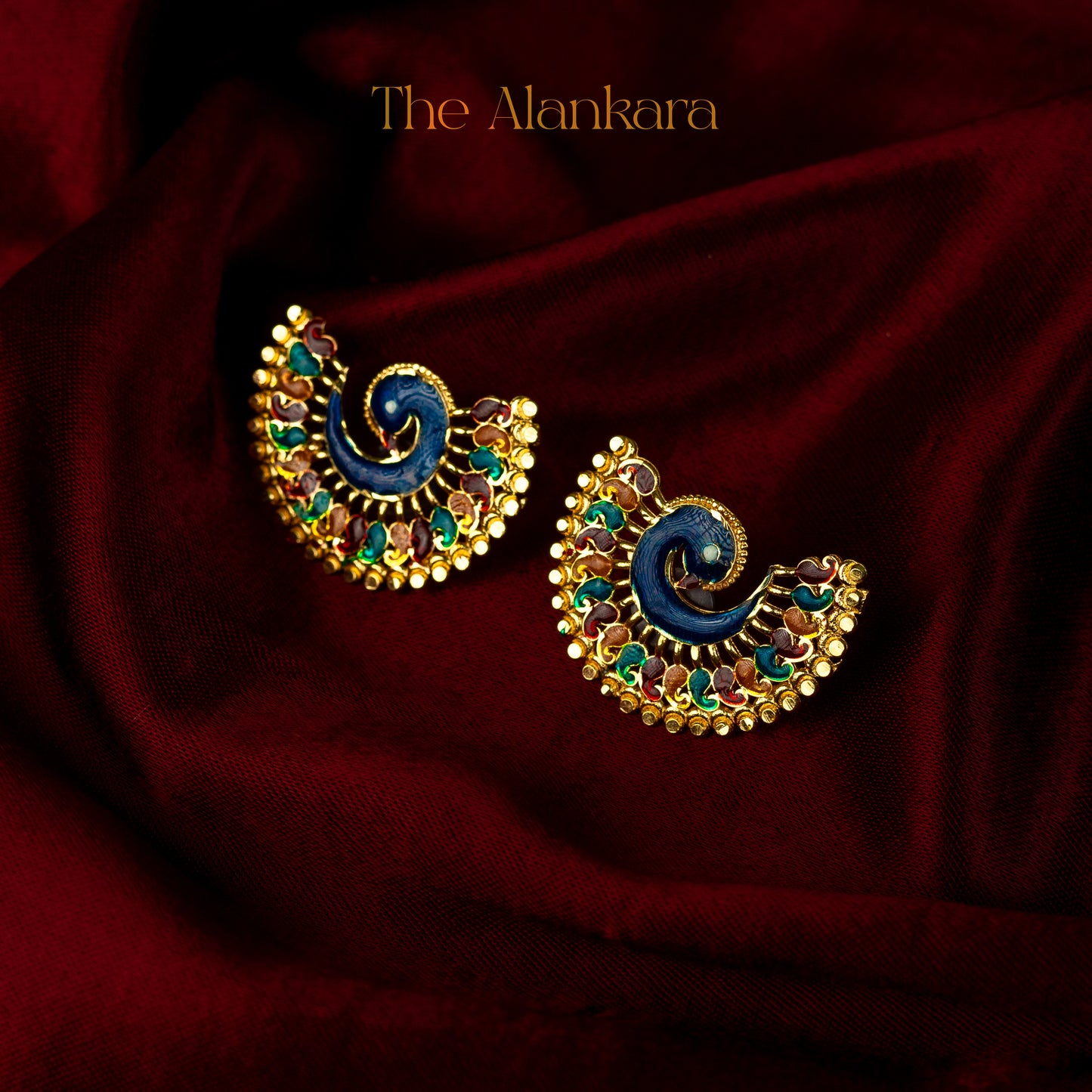 Gold Plated Meenakari Peacock Design Stud Earrings or Moyur Kanpasha