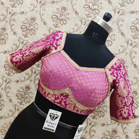 Pink Brocade Banarasi Sweatheart Neckline Two in One with Back Open Designer Blouse